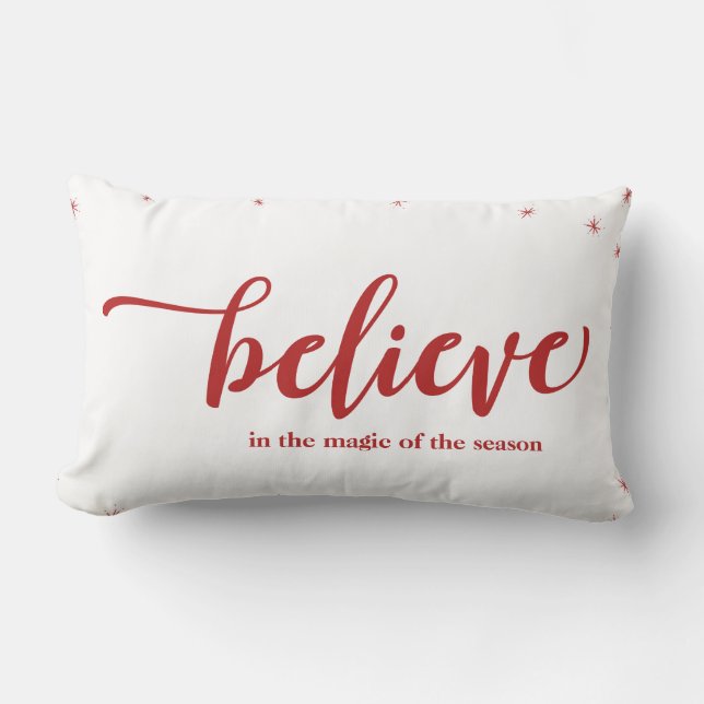 Red & White Sparkle Believe In Holiday Christmas Lumbar Pillow (Front)