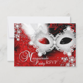 Red White Sparkle Mask Masquerade Party RSVP Card