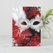 Red White sparkle Mask Masquerade Sweet 16 Invitation (Standing Front)