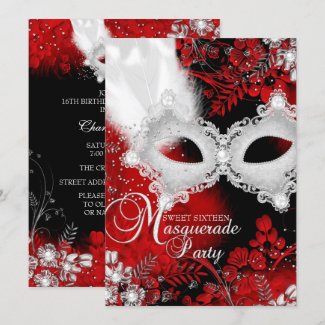 Red White sparkle Mask Masquerade Sweet 16 Invitation