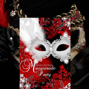 Red White Sparkle Mask Masquerade Sweet 16 Invitation by Zizzago at Zazzle