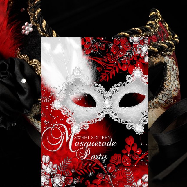 Red White sparkle Mask Masquerade Sweet 16 Invitation