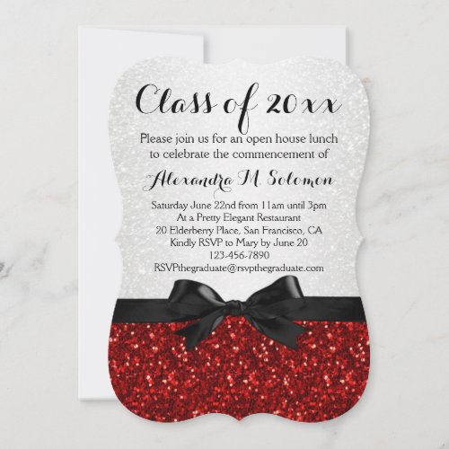 Red/White Sparkly Bow Shaped Graduation Invitation Personalized Invite