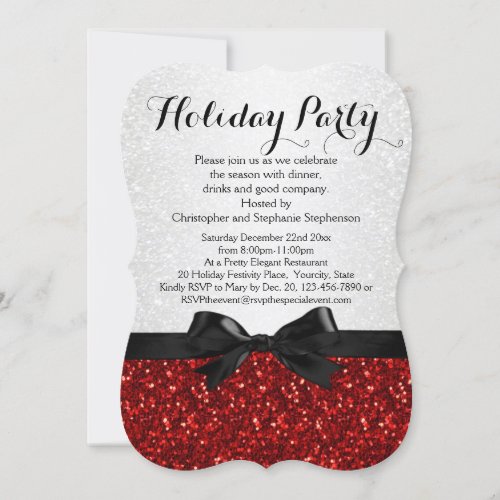 Red/White Sparkly Bow Shaped Holiday Party Custom Announcements