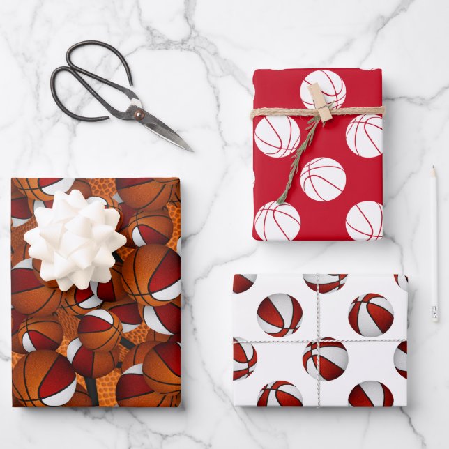 red white sports basketballs pattern gift wrapping paper sheets (Front)