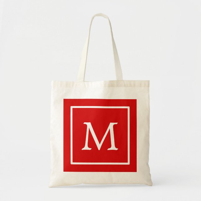 Red & White Square Personalized Custom Monogram Tote Bag (Front)