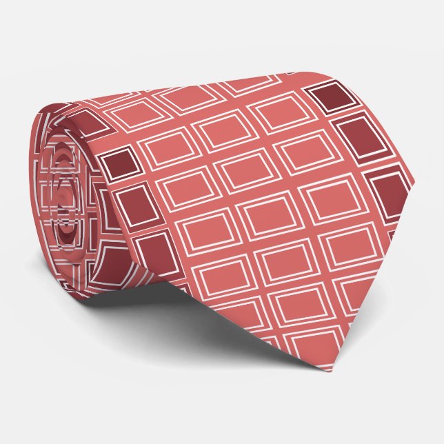 Red White Square Rectangle Geometric Neck Tie (Rolled)
