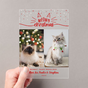 Red White Stars 2 Cat Photos Meowy Christmas Acrylic Invitations