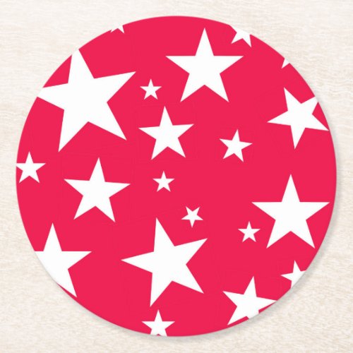Red White Stars Elegant Christmas Template Round Paper Coaster