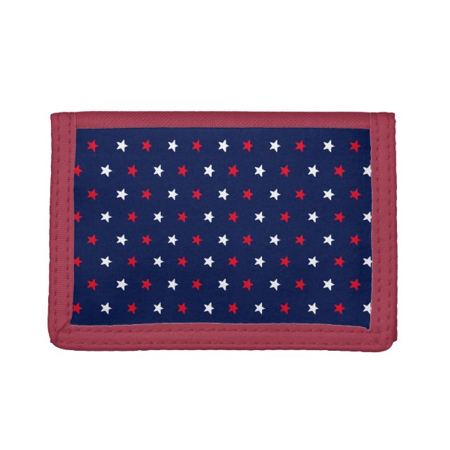 Red white stars, navy blue american style pattern trifold wallet (Front)