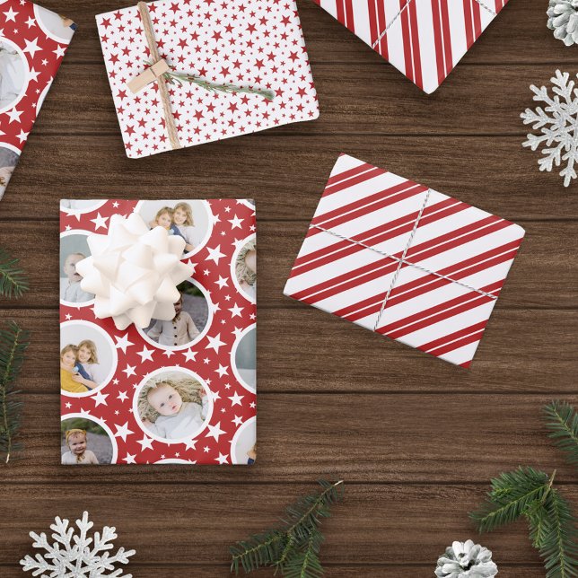 Red White Stars Stripes Photo Collage Christmas Wrapping Paper Sheets (Creator Uploaded)