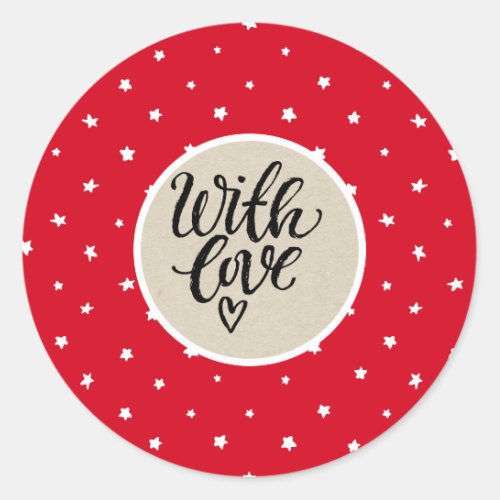 Red White Stars Whimsical Rustic Kraft With Love Classic Round Sticker