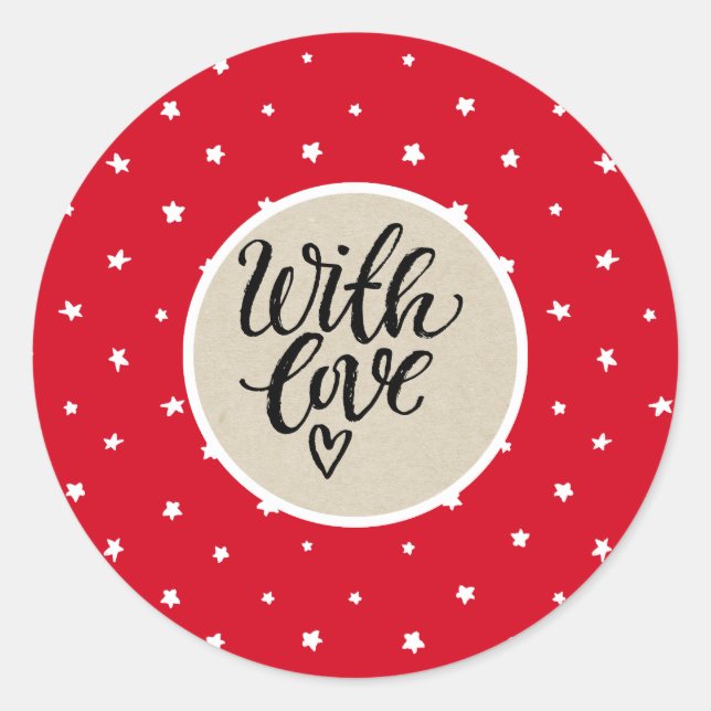 Red White Stars Whimsical Rustic Kraft With Love Classic Round Sticker (Front)