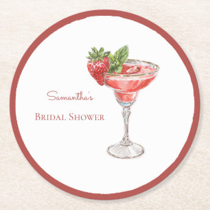 Red White Strawberry Cocktail Drinks Bridal Shower Round Paper Coaster