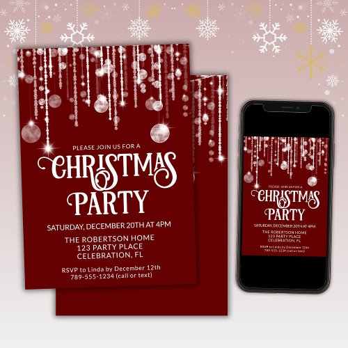 Red White String Lights Christmas Holiday Party  Invitation