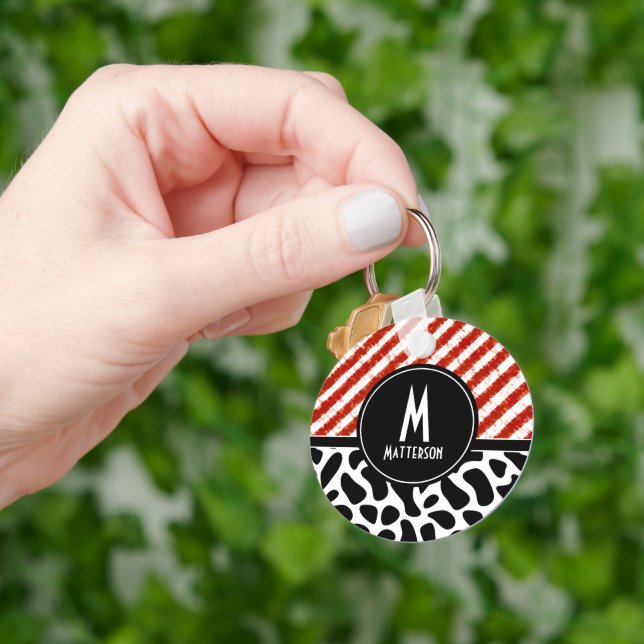 Red White Stripe Black Pattern Monogram Keychain (Hand)