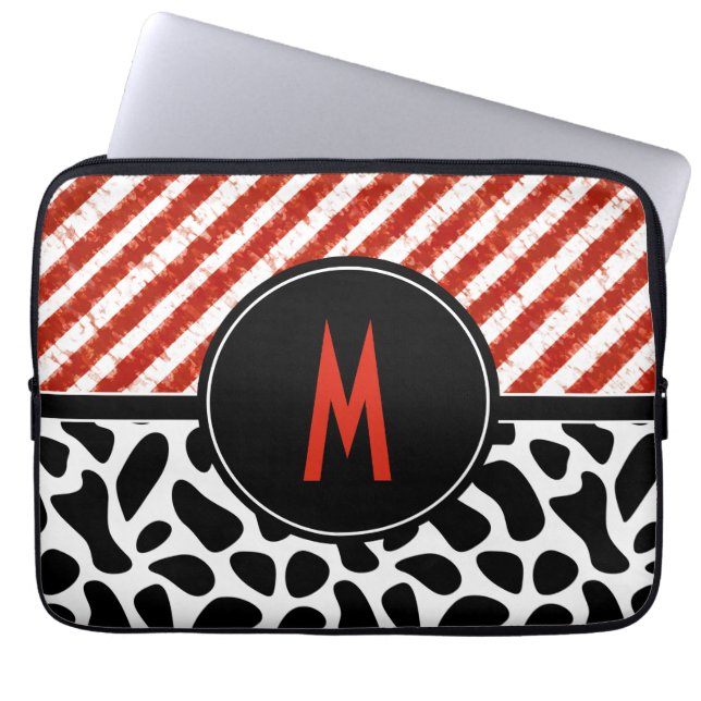 Red White Stripe Black Pattern Monogram Laptop Sleeve (Front)