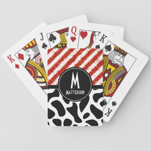 Red White Stripe Black Pattern Monogram Poker Cards