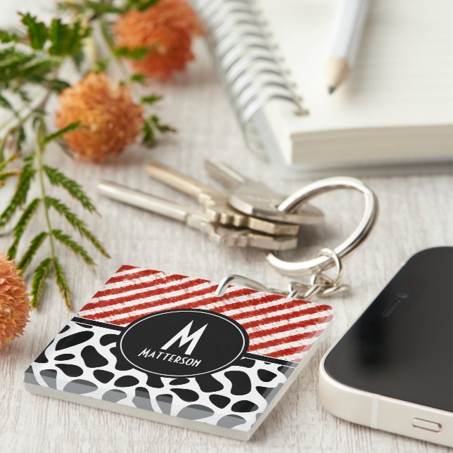 Red White Stripe Black White Pattern Monogram  Keychain (Front Right)