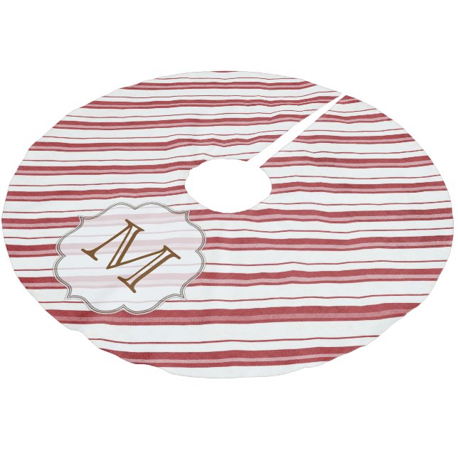 Red White Stripe Candy Monogram Initial Tree Skirt (Angled)