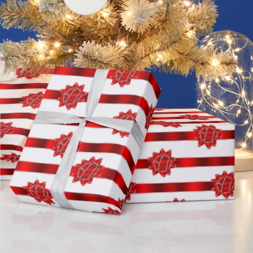 Red White Stripe Christmas Bows Holiday Wrapping Paper