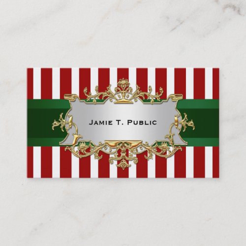 Red White Stripe, Green Ribbon, Gold Framed Label Business Cards