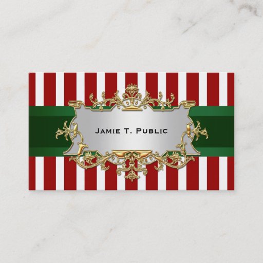 Customizable Red White Stripe, Green Ribbon, Gold Framed Label Business Cards
