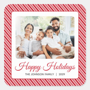 Red White Stripe Happy Holidays Photo Square Sticker
