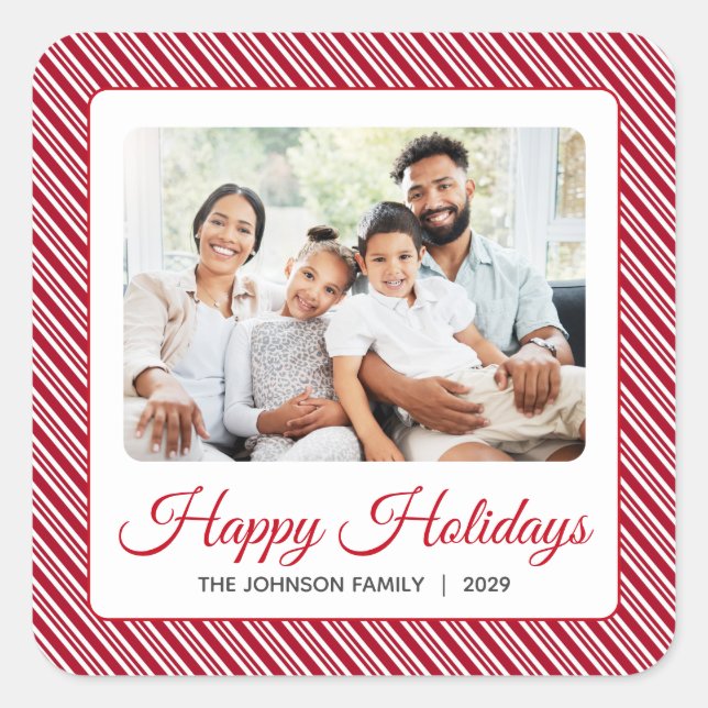 Red White Stripe Happy Holidays Photo Square Sticker (Front)