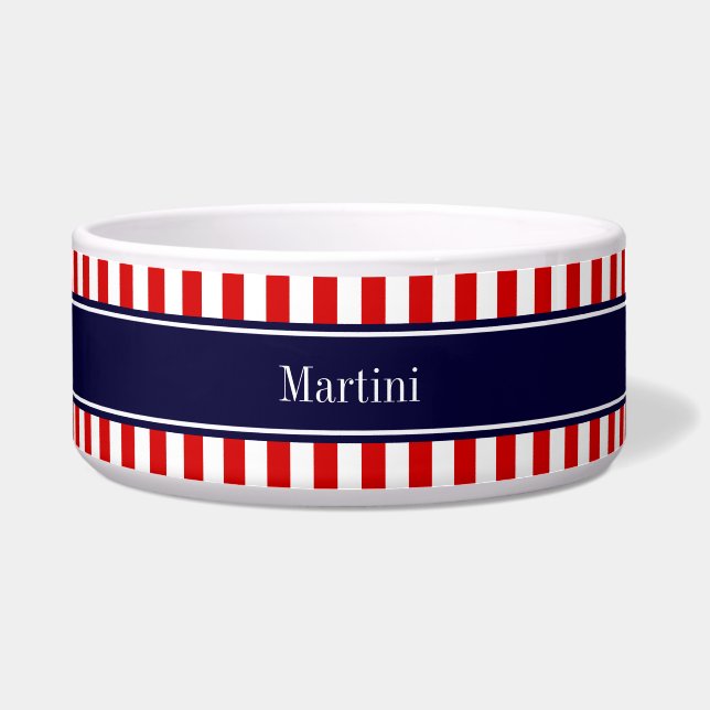 Red White Stripe Navy Blue Name Monogram Bowl (Front)