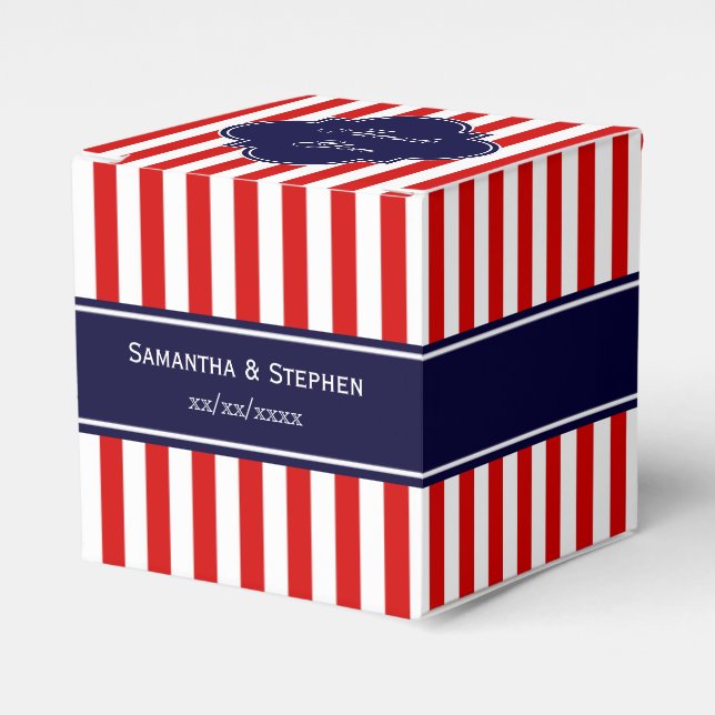 Red White Stripe Navy Blue Name Monogram Favor Boxes (Front Side)
