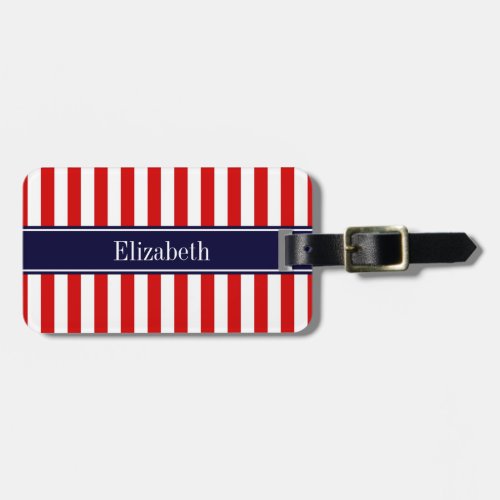 Red White Stripe Navy Blue Name Monogram Luggage Tag