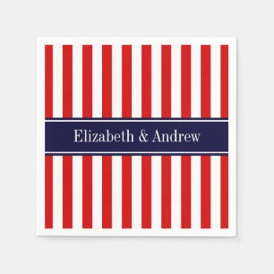 Red White Stripe Navy Blue Name Monogram Napkins