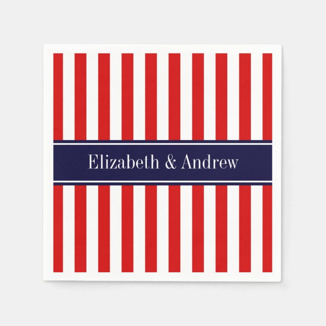 Red White Stripe Navy Blue Name Monogram Napkins (Front)