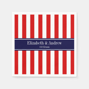 Red White Stripe Navy Blue Name Monogram Paper Napkins