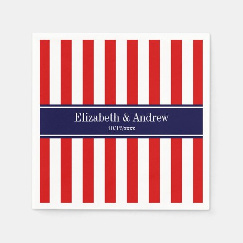 Red White Stripe Navy Blue Name Monogram Paper Napkins