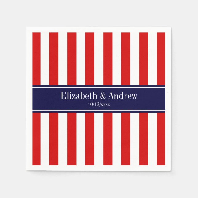 Red White Stripe Navy Blue Name Monogram Paper Napkins (Front)