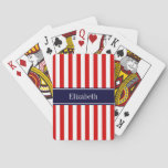 Red White Stripe Navy Blue Name Monogram Poker Cards