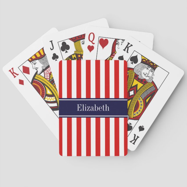 Red White Stripe Navy Blue Name Monogram Poker Cards (Back)