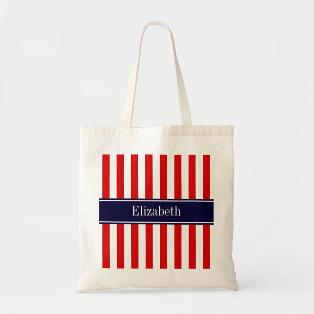 Red White Stripe Navy Blue Name Monogram Tote Bag (Front)