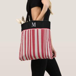 Red White Stripe Pattern Monogram Tote Bag