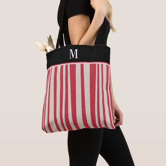 Red White Stripe Pattern Monogram Tote Bag (Close Up)