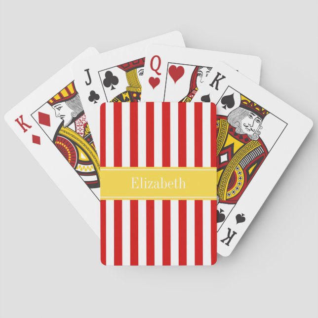 Red White Stripe Pineapple Name Monogram Poker Cards (Back)
