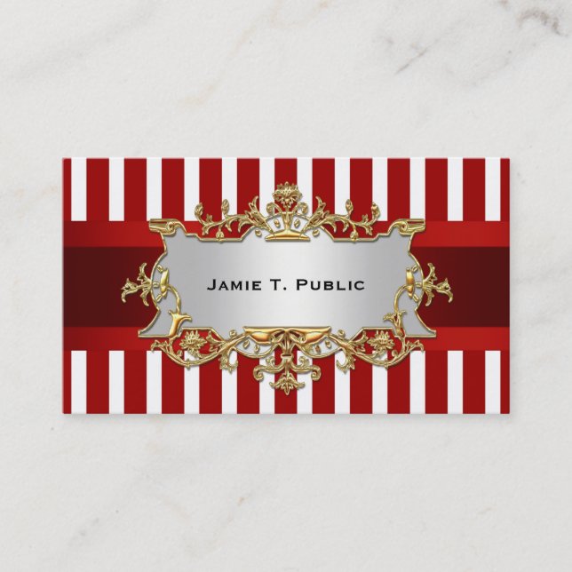 Red White Stripe, Red Ribbon, Gold Framed Label Business Card (Front)