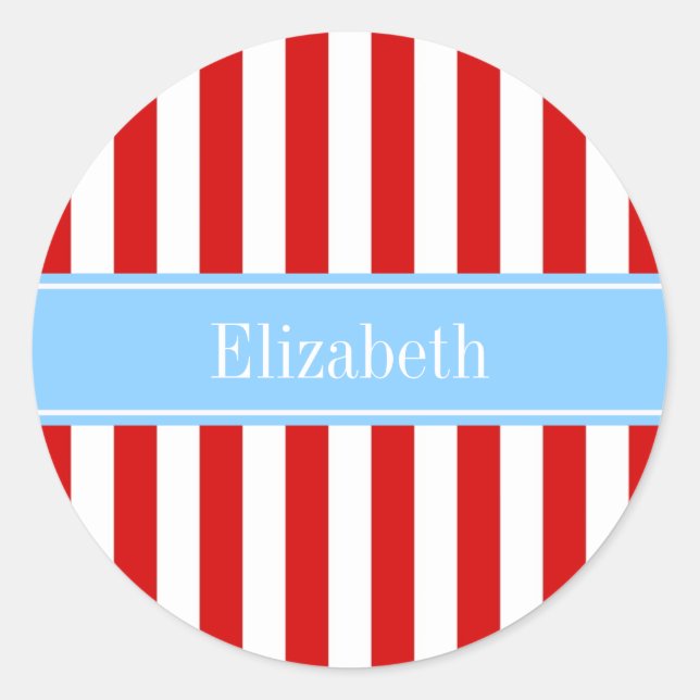 Red White Stripe Sky Blue Name Monogram Classic Round Sticker (Front)