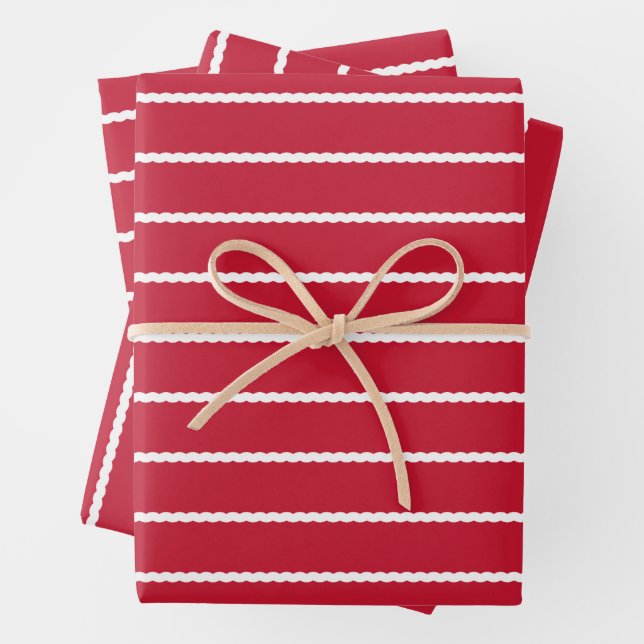 Red white stripe squiggly lines Christmas Wrapping Paper Sheets (In situ)