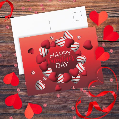 Red White Striped 3D Hearts Happy Valentines Day Postcard