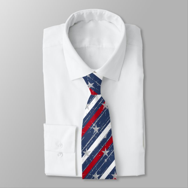 Red & White Striped 4th of July Star Spangled  Neck Tie (Tied)