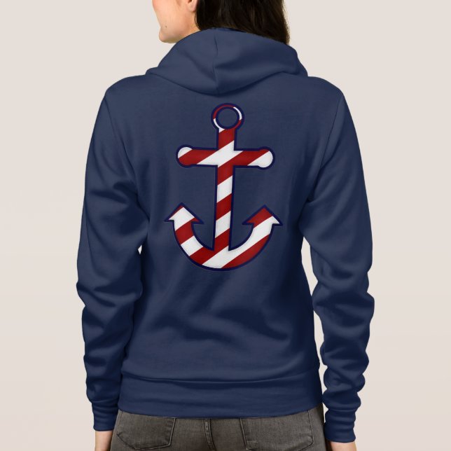 Red & White Striped Anchor Zip Hoodie Sweatshirt (Back)