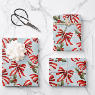 Red White Striped Bows Christmas Holly Wrapping Paper Sheets